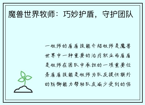 魔兽世界牧师：巧妙护盾，守护团队